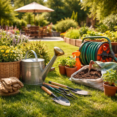 Assorted gardening tools with mower parts on a workbench