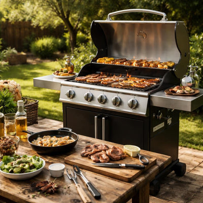 Outdoor cooking tools and grill accessories on a patio