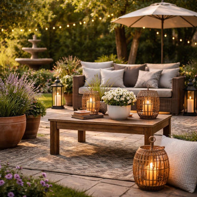 Weather-ready outdoor décor accents styled on a patio
