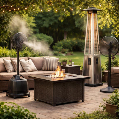 Patio heater and cooling setup for outdoor seating