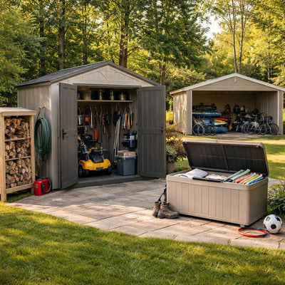 Outdoor storage bench and shed for organized patio gear