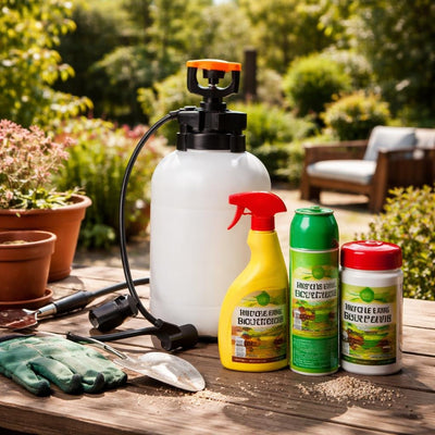 Assorted pest control sprays and baits for patio use