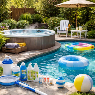 Pools and hot tubs with essential water care supplies