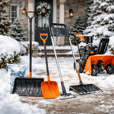 Snow shovel, snow rake, and ice melt for winter
