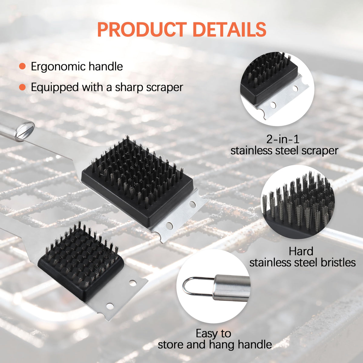 131763310 stainless steel brush head ready to scrub between grates.
