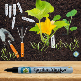 Waterproof marker used on a plant marker outdoors
