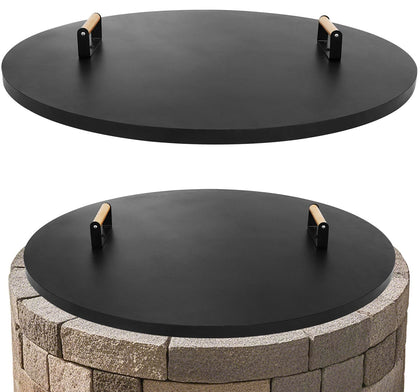 1MORE Fire Pit Lid 34-round on patio protects pit from weather.