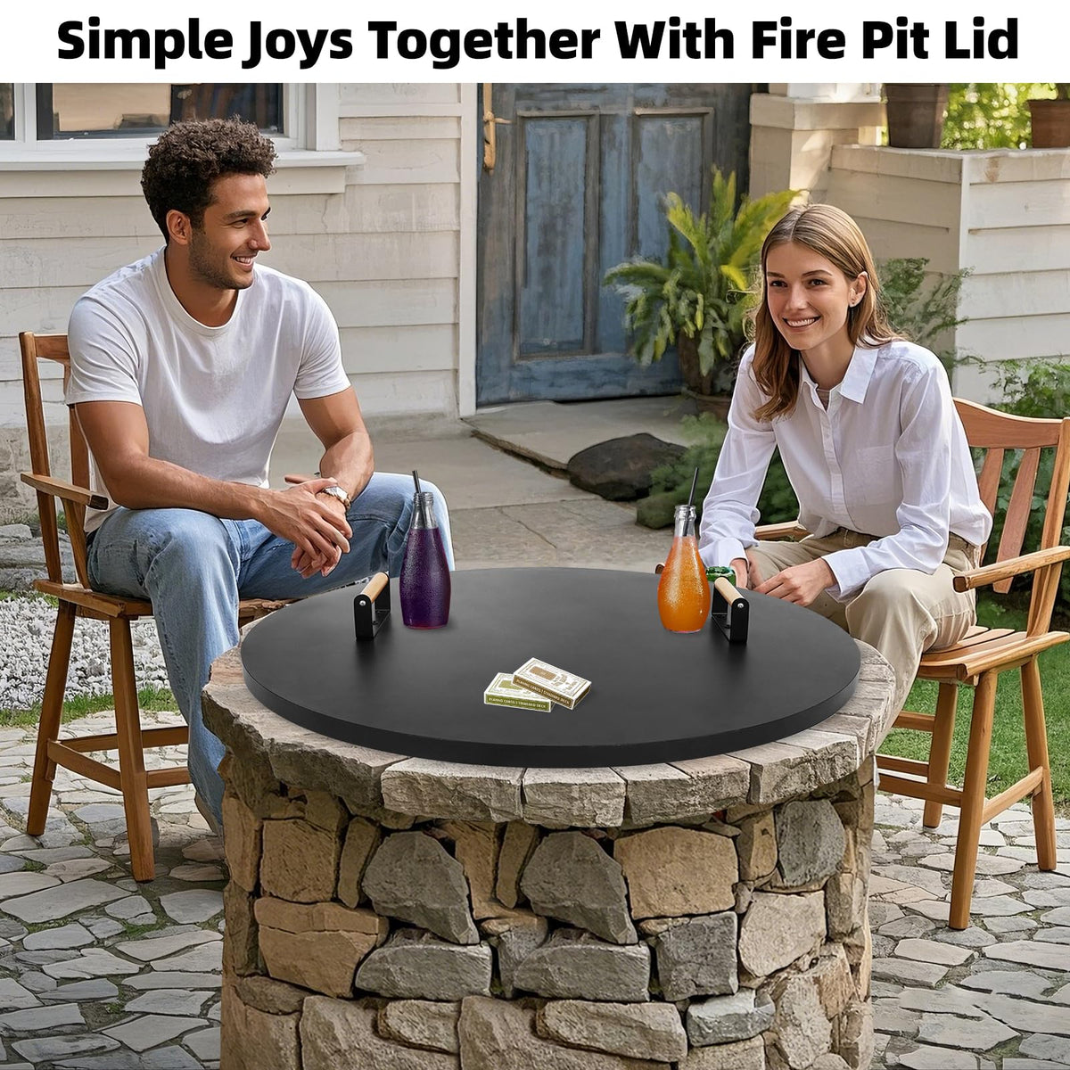 1MORE Fire Pit Lid wooden handles provide a safe, ergonomic grip during handling.