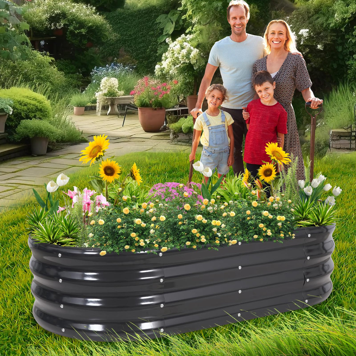 1MORE outdoor garden bed in use in a sunny backyard setting.