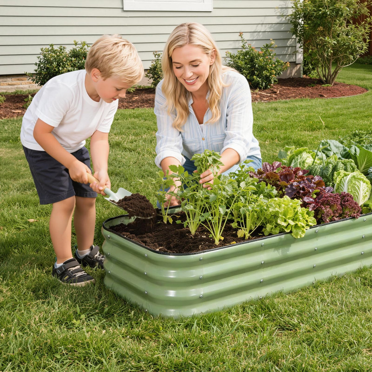 1MORE Outdoor raised bed in a lush garden setting