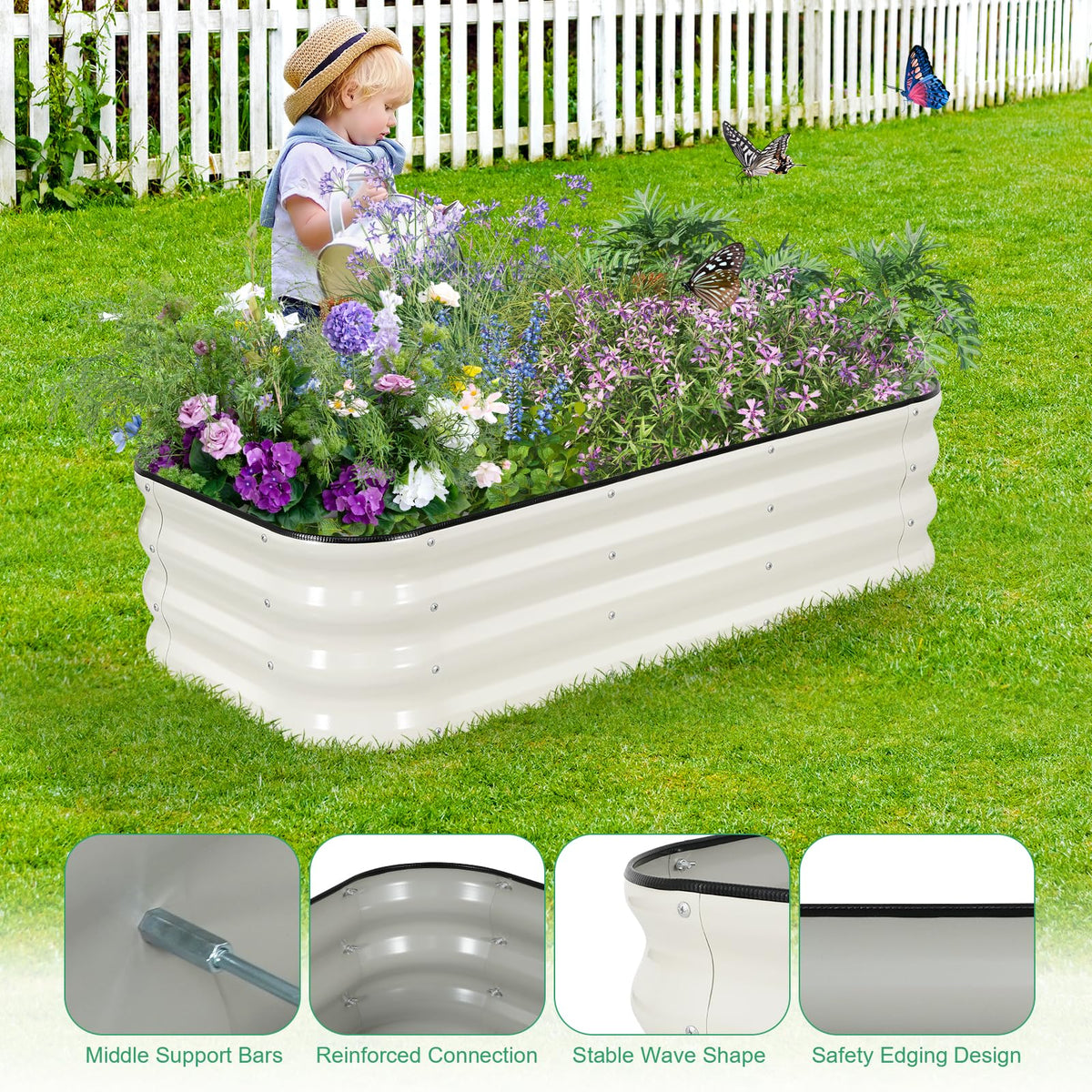 Configurations show 1MORE raised garden bed with square and rectangle layouts