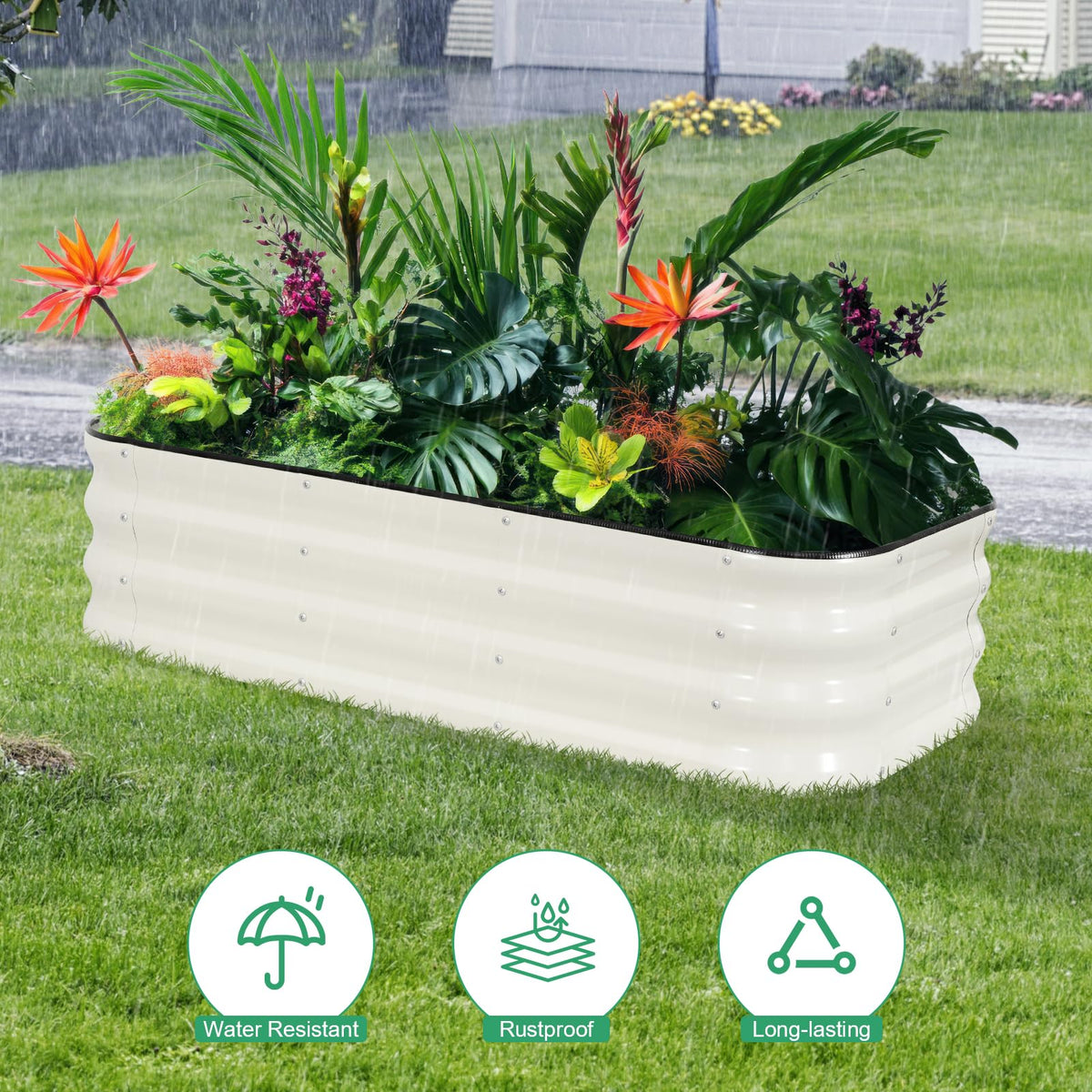 Outdoor garden with 1MORE raised garden bed showing herbs and vegetables