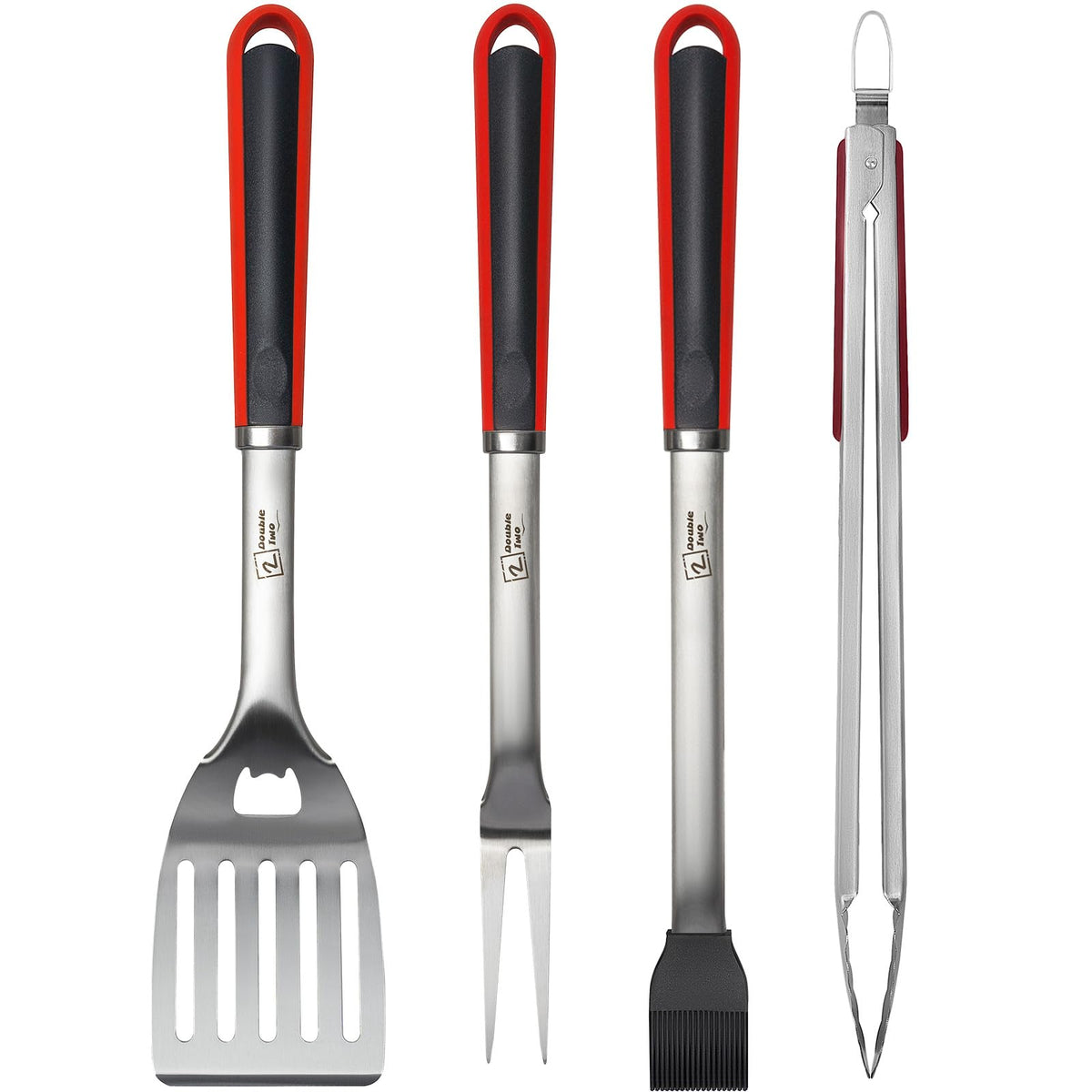 2 Double Two BBQ tool set tong shown in action, long reach for safer grilling.