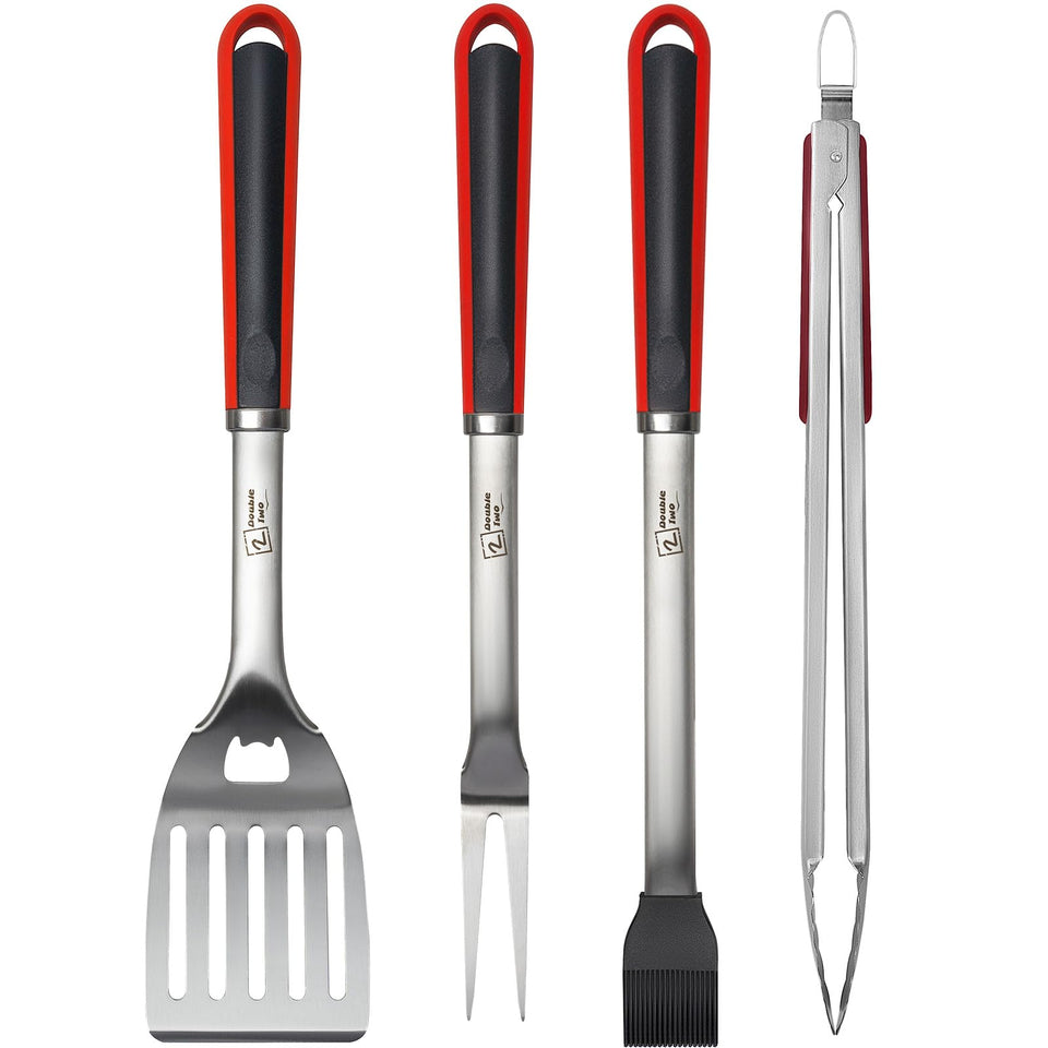 2 Double Two BBQ tool set tong shown in action, long reach for safer grilling.