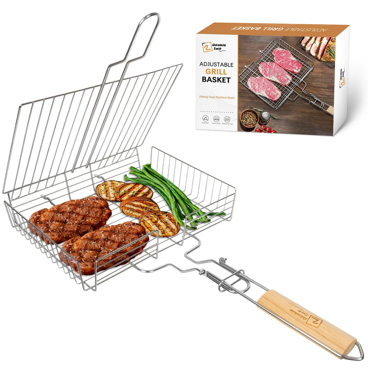 Double Two grill basket with adjustable cover for even cooking on thick cuts.