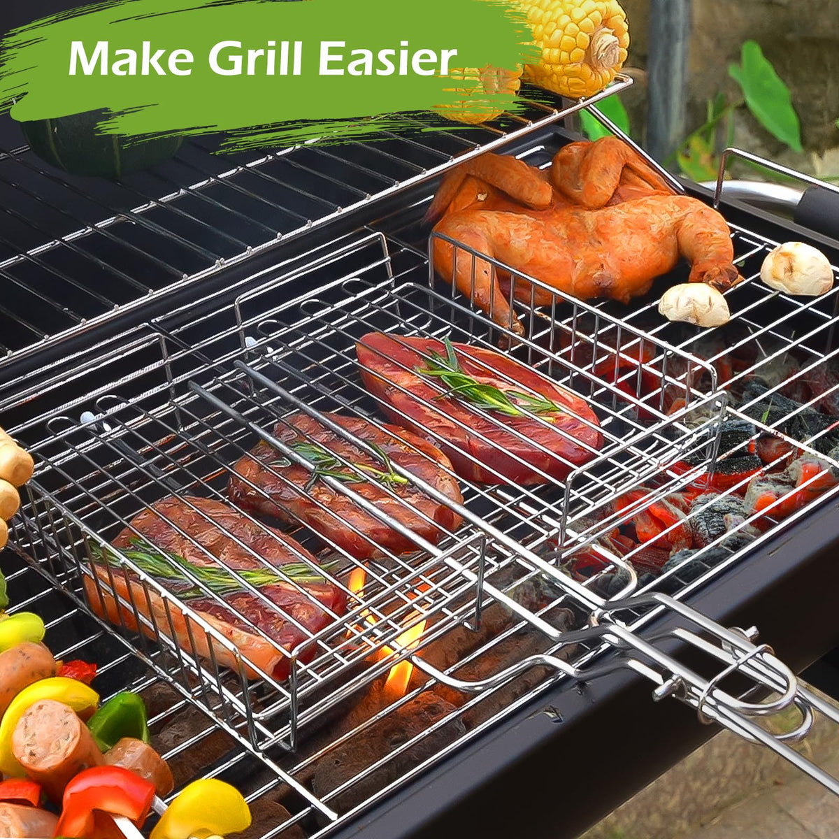 Double Two grill basket used in outdoor grilling setups.