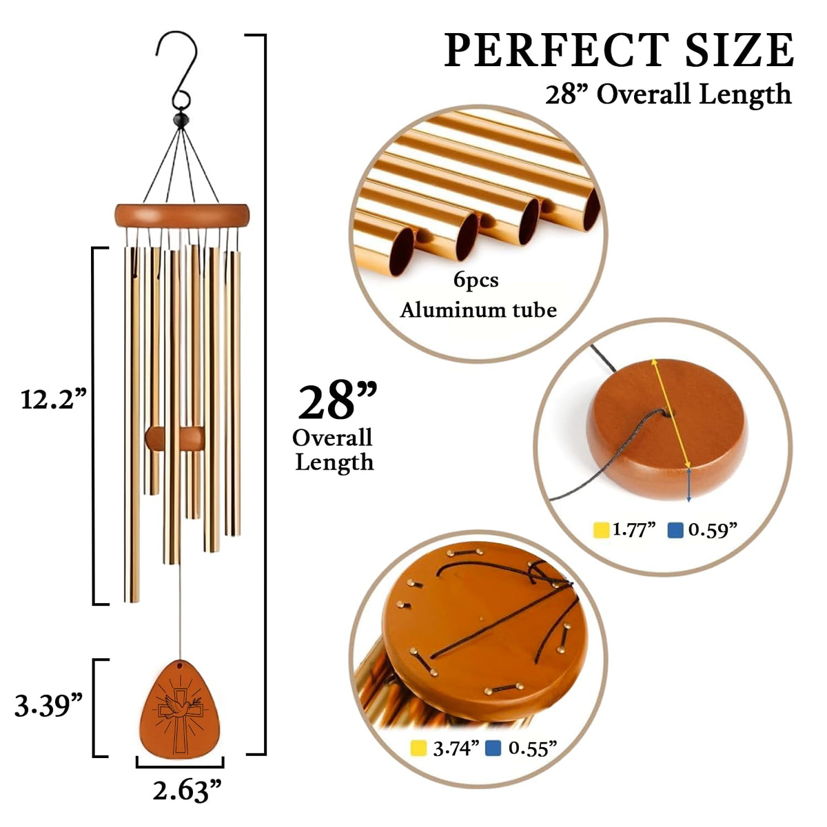 2IMT cross wind chimes with pine top and gold tubes.