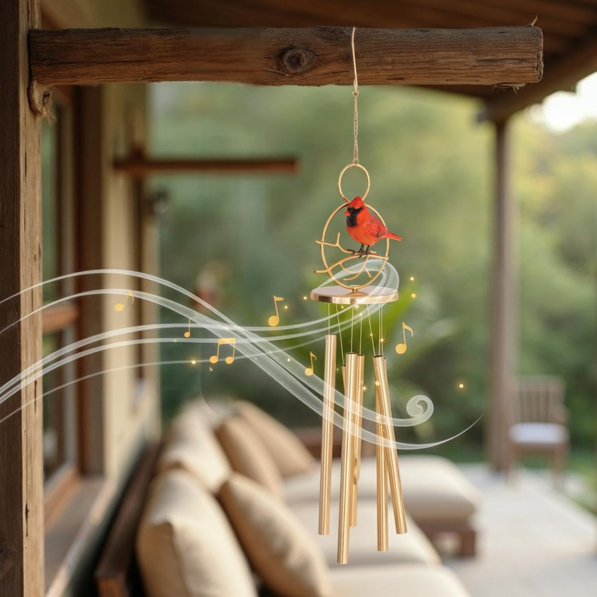 Close-up of resin cardinal figure on 3213KeepsakeLane wind chimes