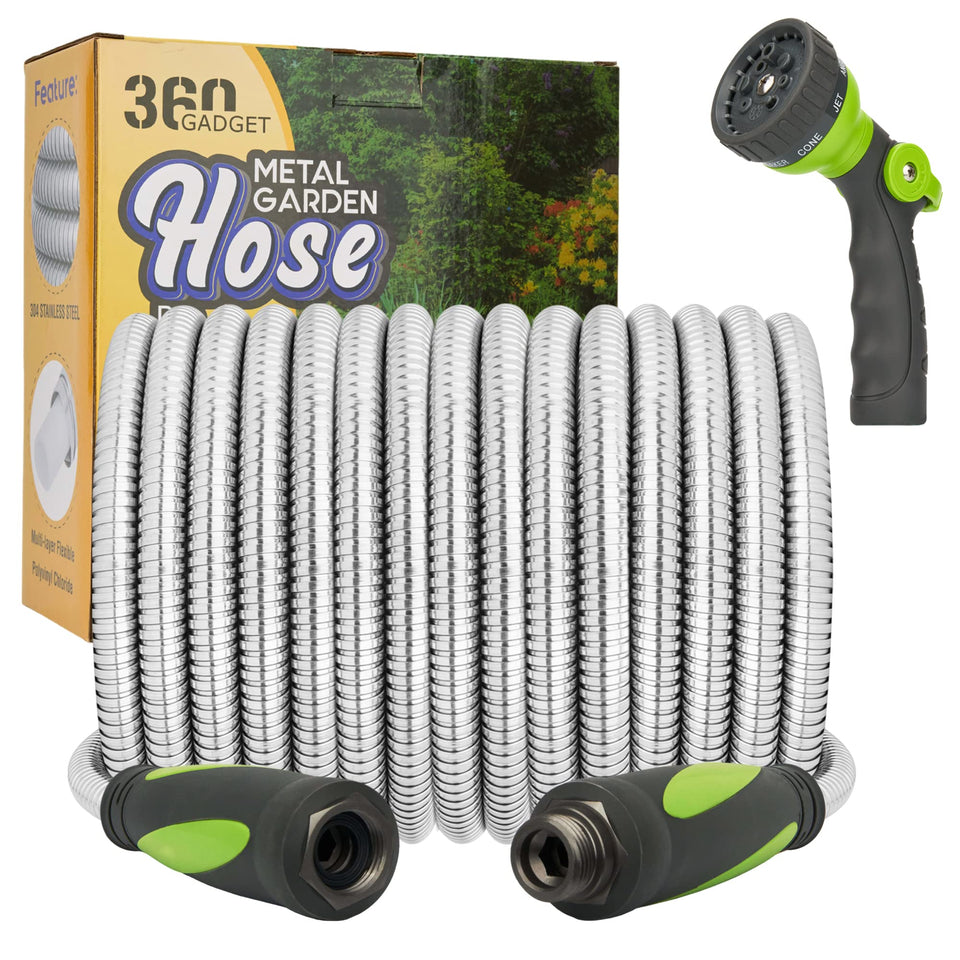 360 GADGET garden hose 75ft swivel handle close-up highlighting durable stainless steel construction.