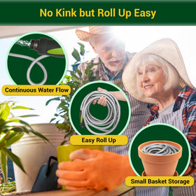 360 GADGET garden hose no-kink technology shows smooth coil and tangle-free storage.