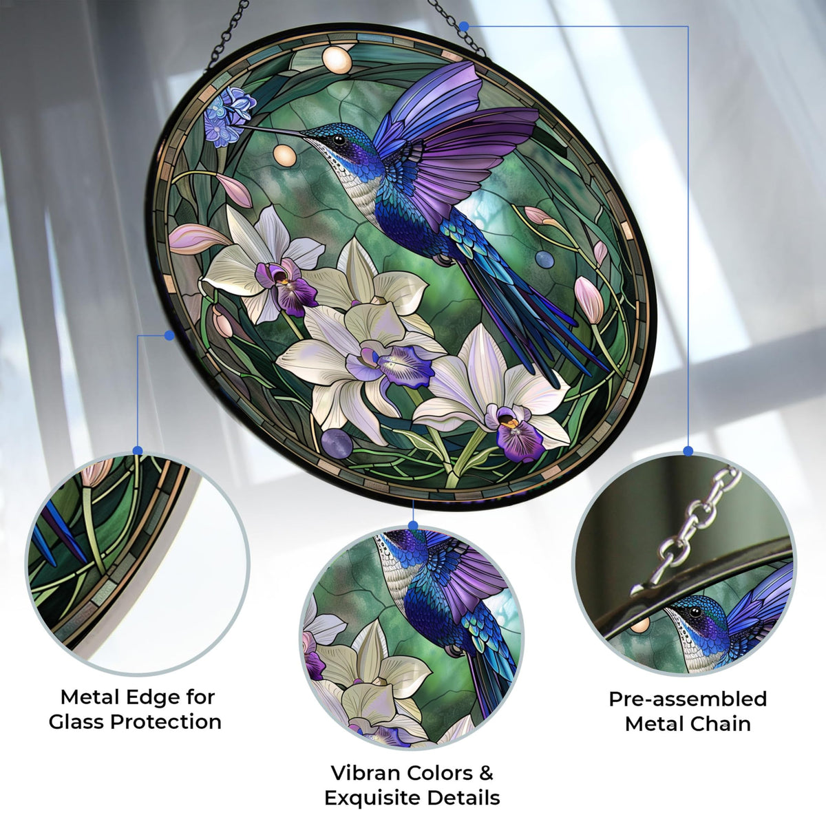 365CUSGIFTS stained-glass hummingbird ornament for porch or window, durable color under sunlight.