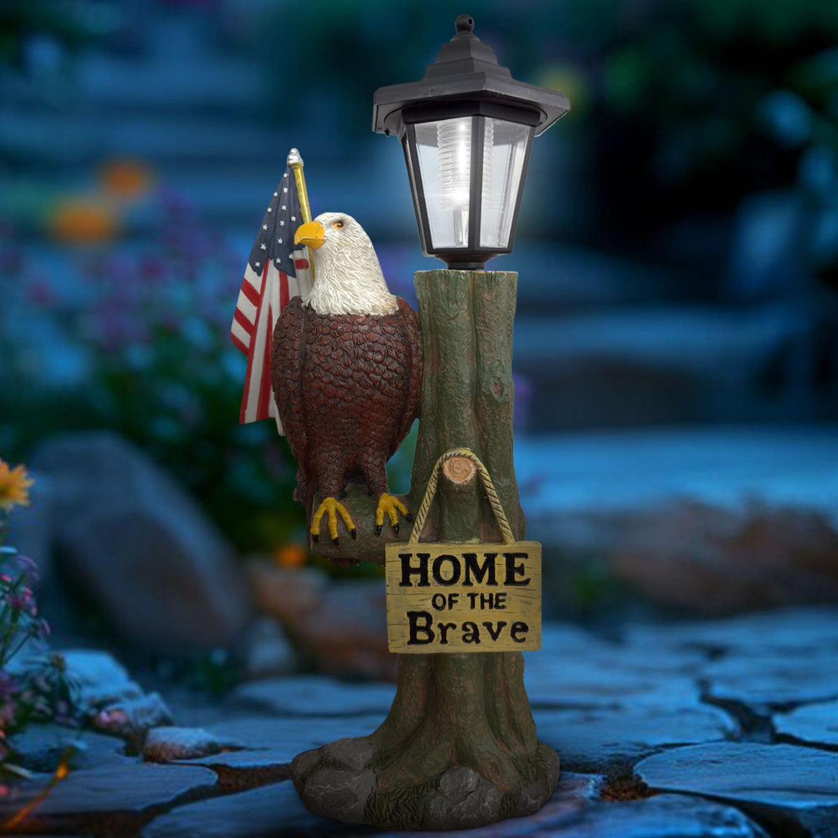 365RUSTIC eagle solar statue with flag lights your outdoor space at night