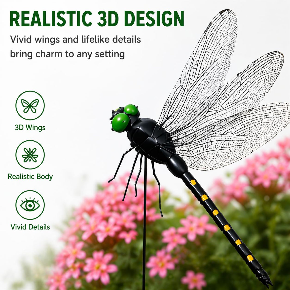 3DVOLTMATE dragonflies large black garden stake easily installs in soil or pots