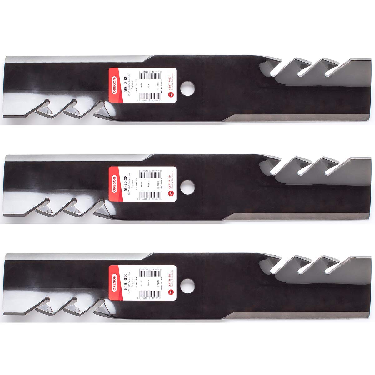 3PK Oregon 596-308 G5 Gator blades pack view for easy replacement on 48-inch Scag