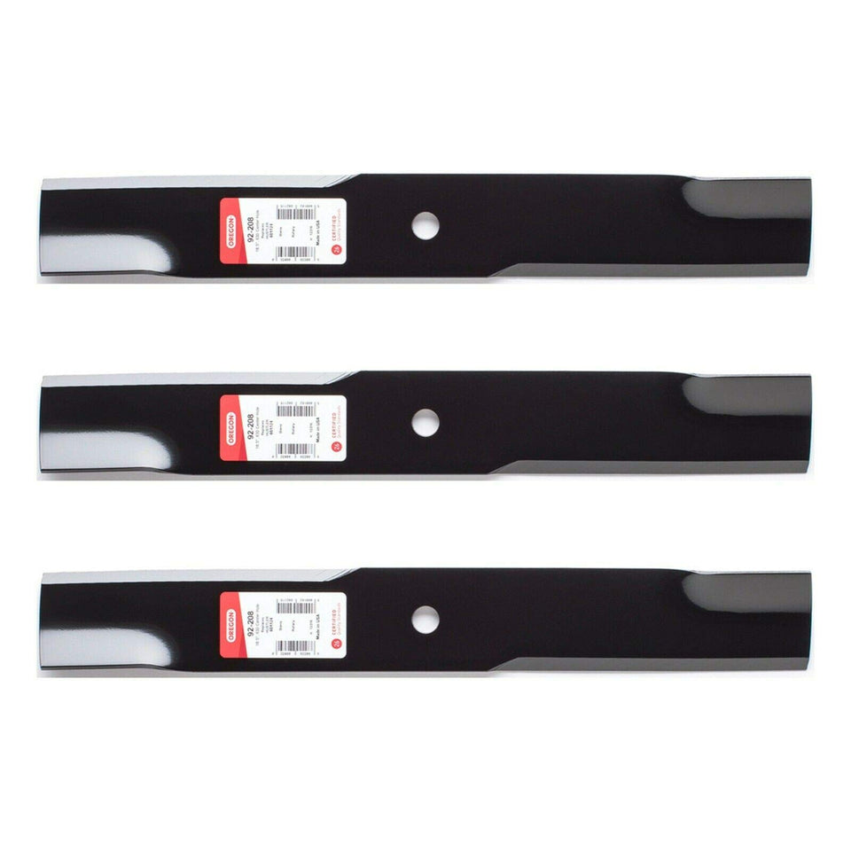 3PK Oregon 92-208 blade front-angle view for Hustler replacement