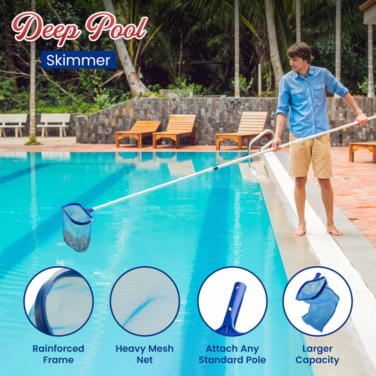 4E's Novelty fine mesh head enhances fine debris collection for easy pool maintenance.