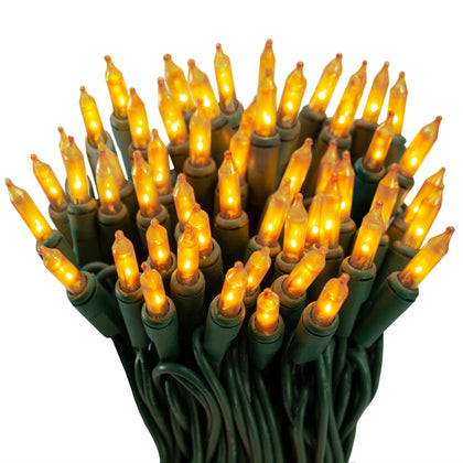 612 Vermont 100 gold frost lights on green wire close-up showing frosted bulbs and warm glow