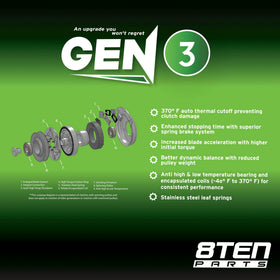 8TEN Gen 3 PTO clutch compatibility labels confirm broad John Deere model coverage.