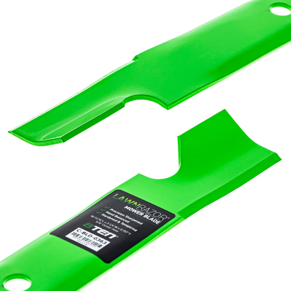 8TEN LawnRAZOR blade demonstrating compatibility with Exmark and Toro.