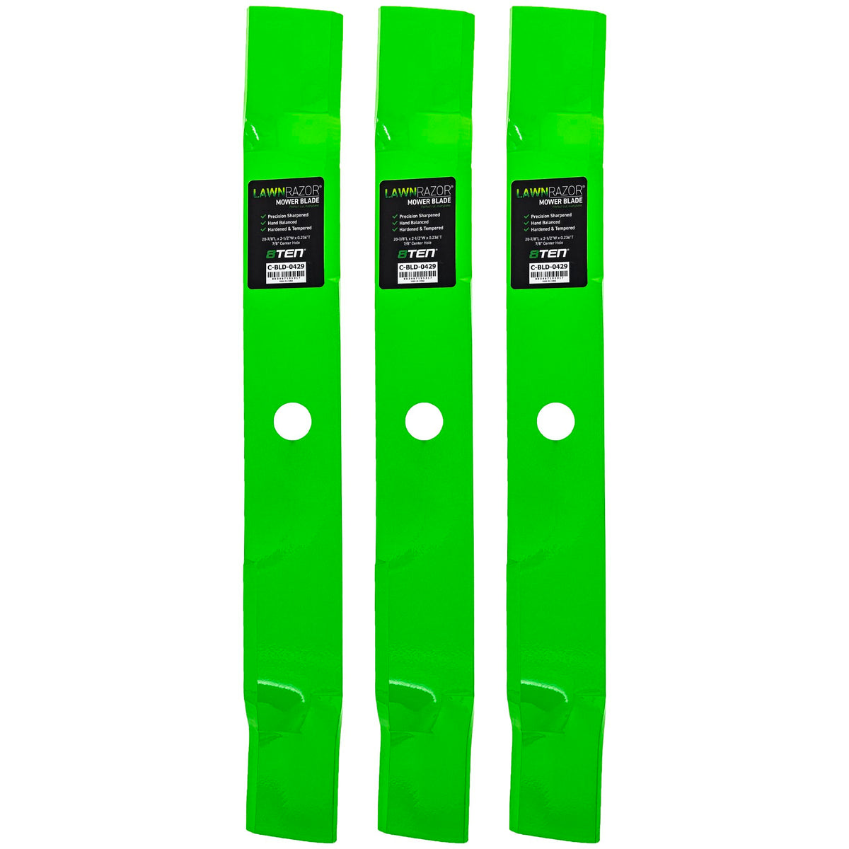 8TEN LawnRAZOR blade closeup for John Deere 60-inch deck shows a sharp mulching edge