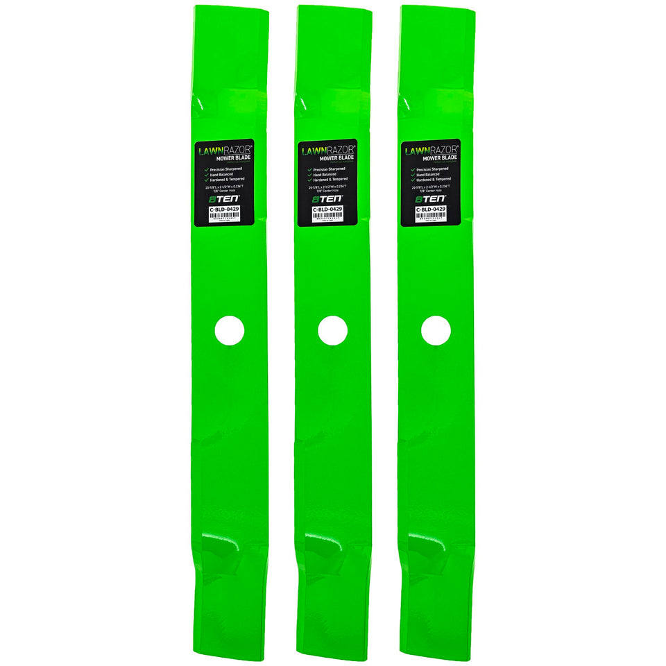 8TEN LawnRAZOR blade closeup for John Deere 60-inch deck shows a sharp mulching edge