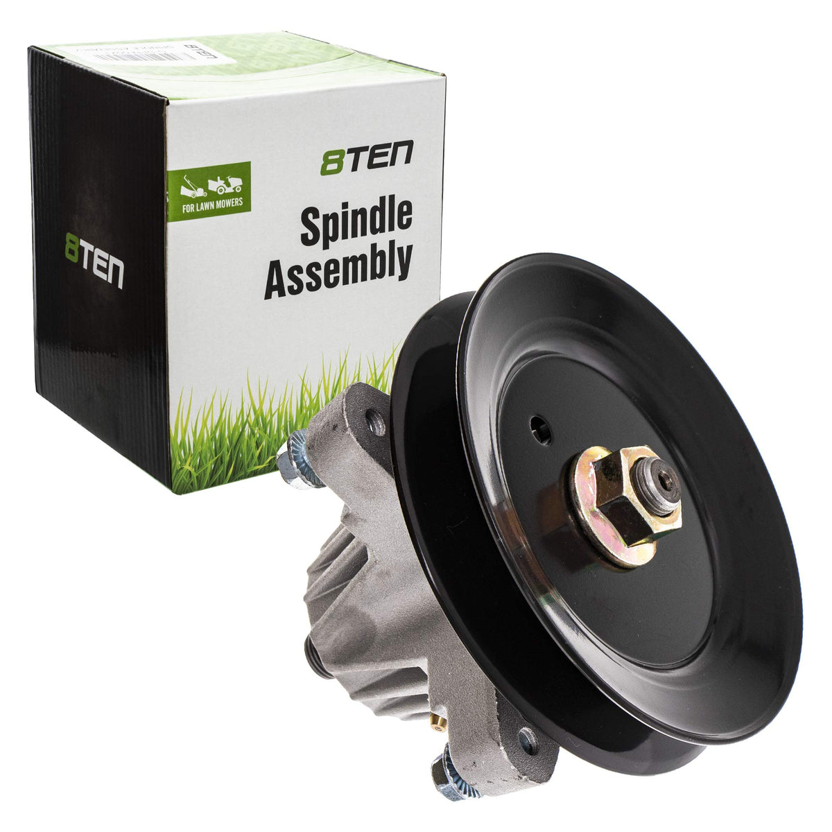 8TEN mower spindle front view for Cub Cadet LTX1050 showing alignment and fit