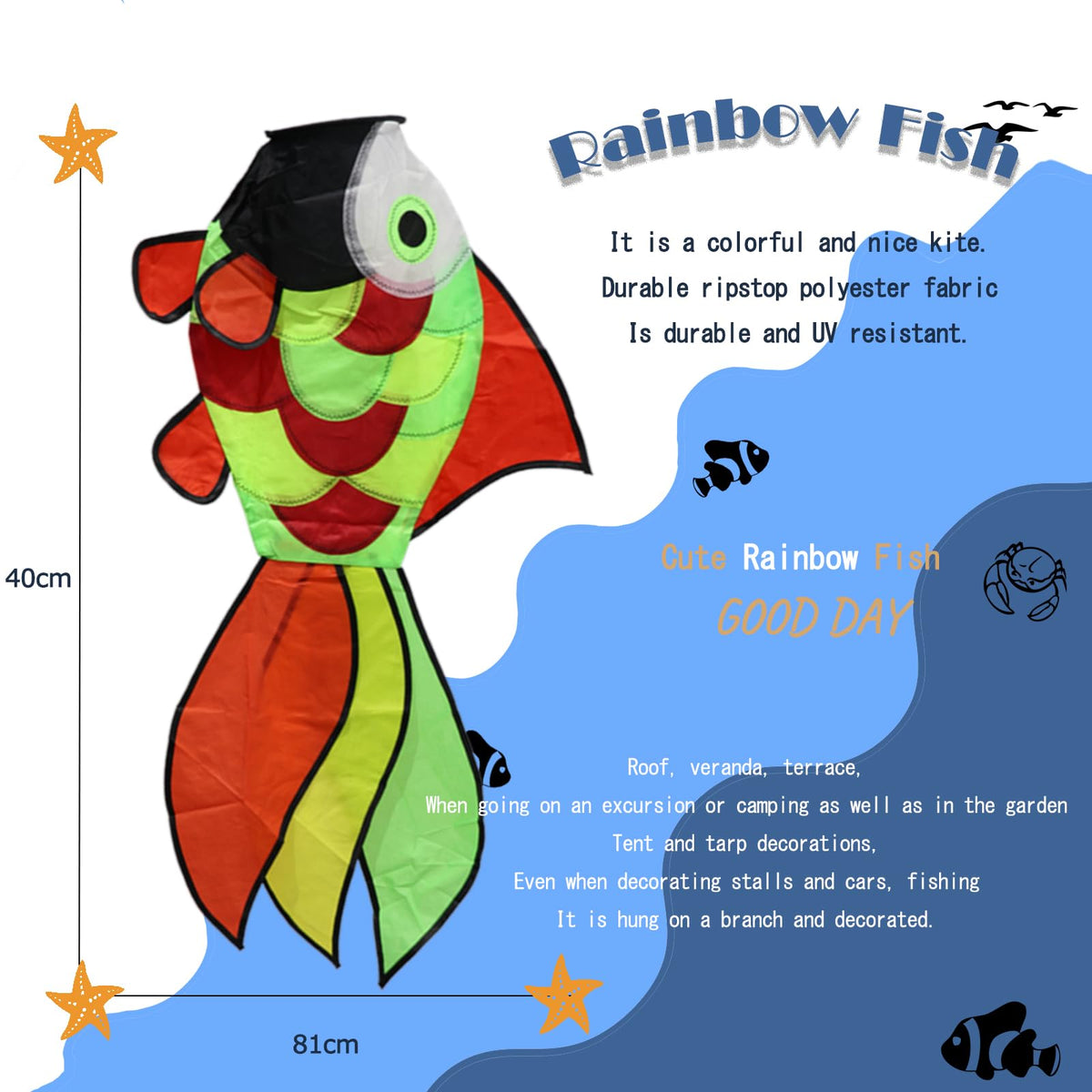 9KM DWLIFE rainbow windsock spinner in lightweight fabric for year-round outdoor use.