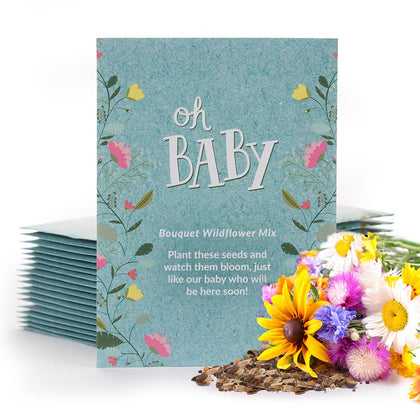 Bentley Oh Baby wildflower seed packet front with woodland design for baby shower favors