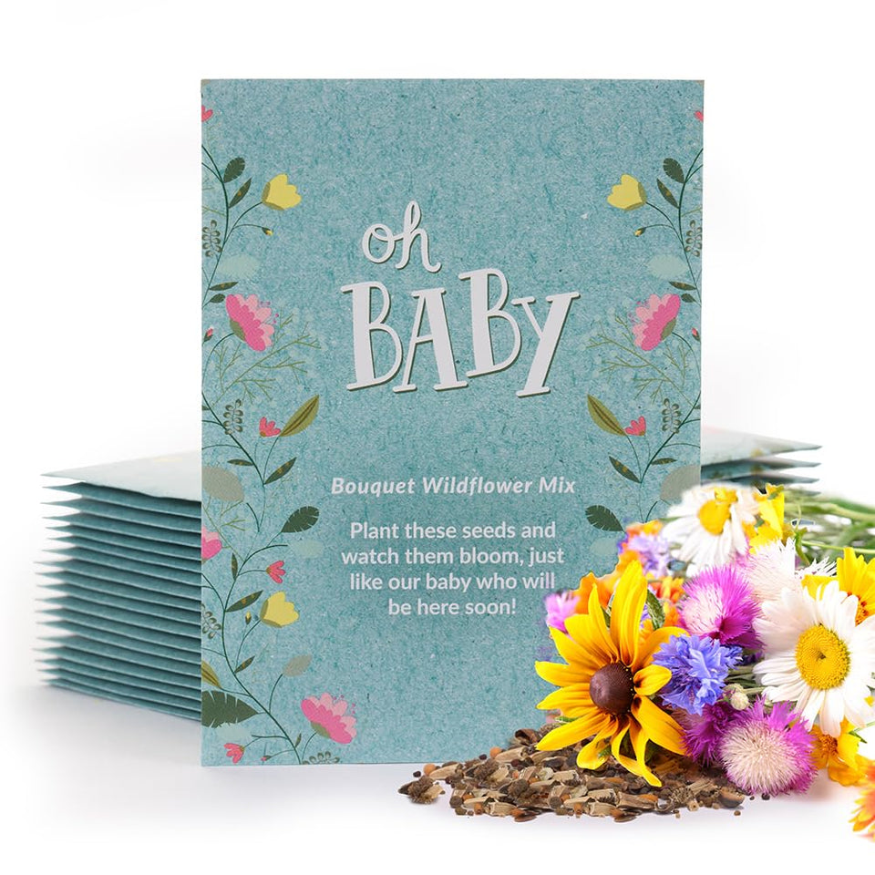 Bentley Oh Baby wildflower seed packet front with woodland design for baby shower favors