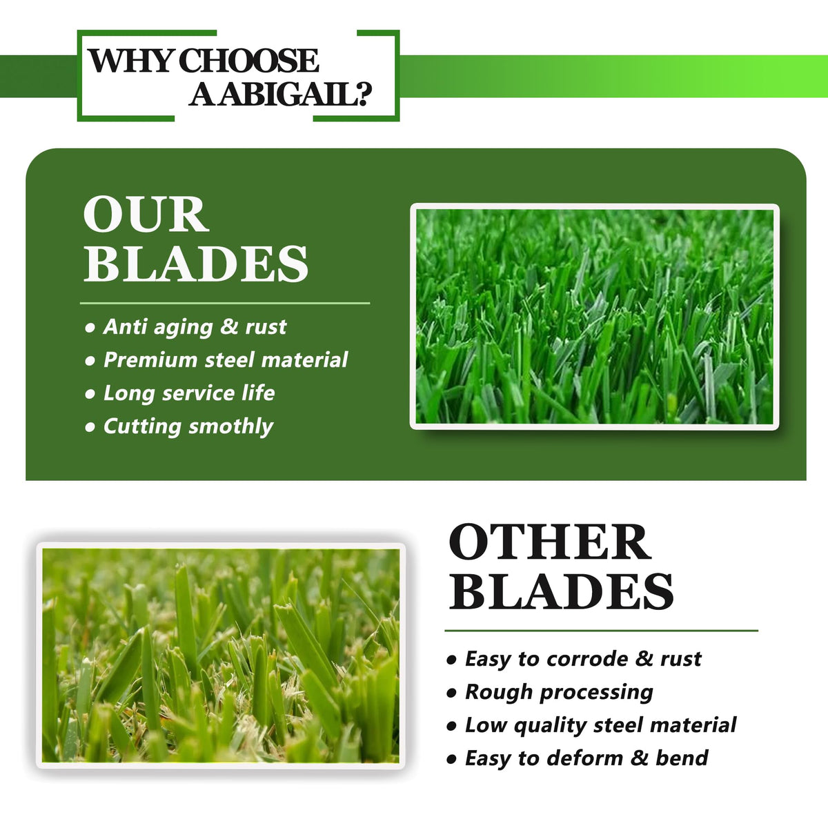 Rust-resistant powder coating on A ABIGAIL blades for outdoor use.