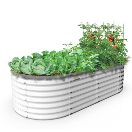 A ANLEOLIFE galvanized oval raised bed in antique white for durable outdoor planting.