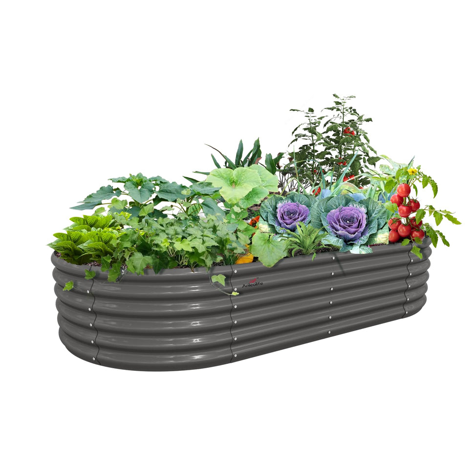 A ANLEOLIFE oval raised bed front view showing durable galvanized steel for long-lasting gardening.