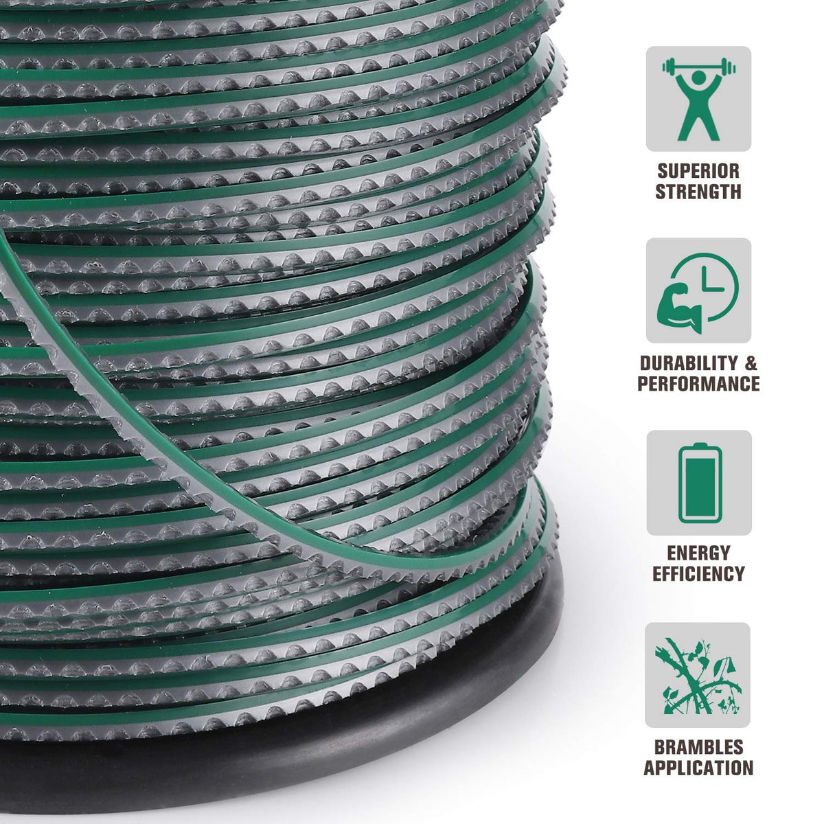 A Anleolife serrated-trimmer-line close-up shows long-lasting performance against brambles.
