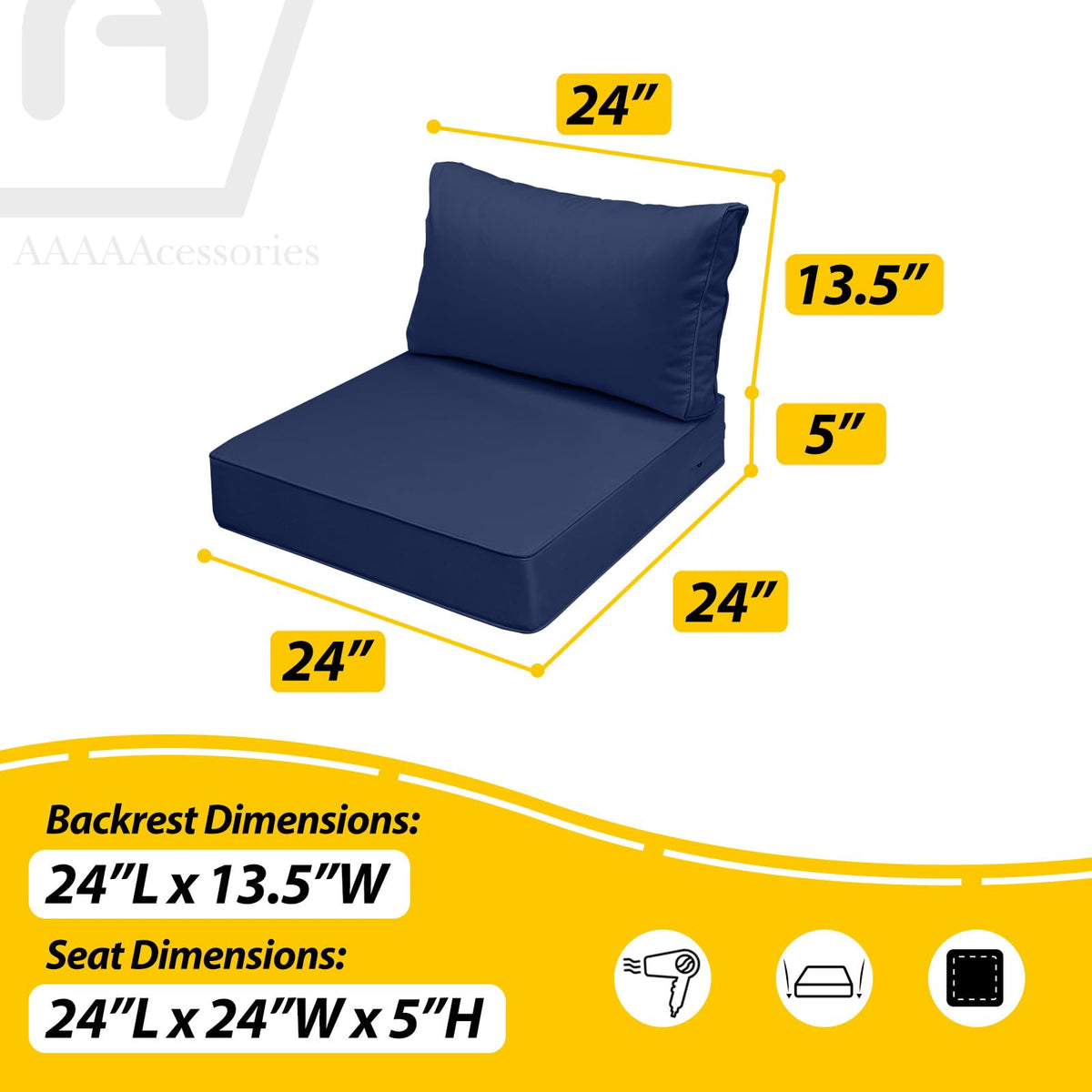 Navy blue AAAAAcessories cushions placed on a patio sofa.