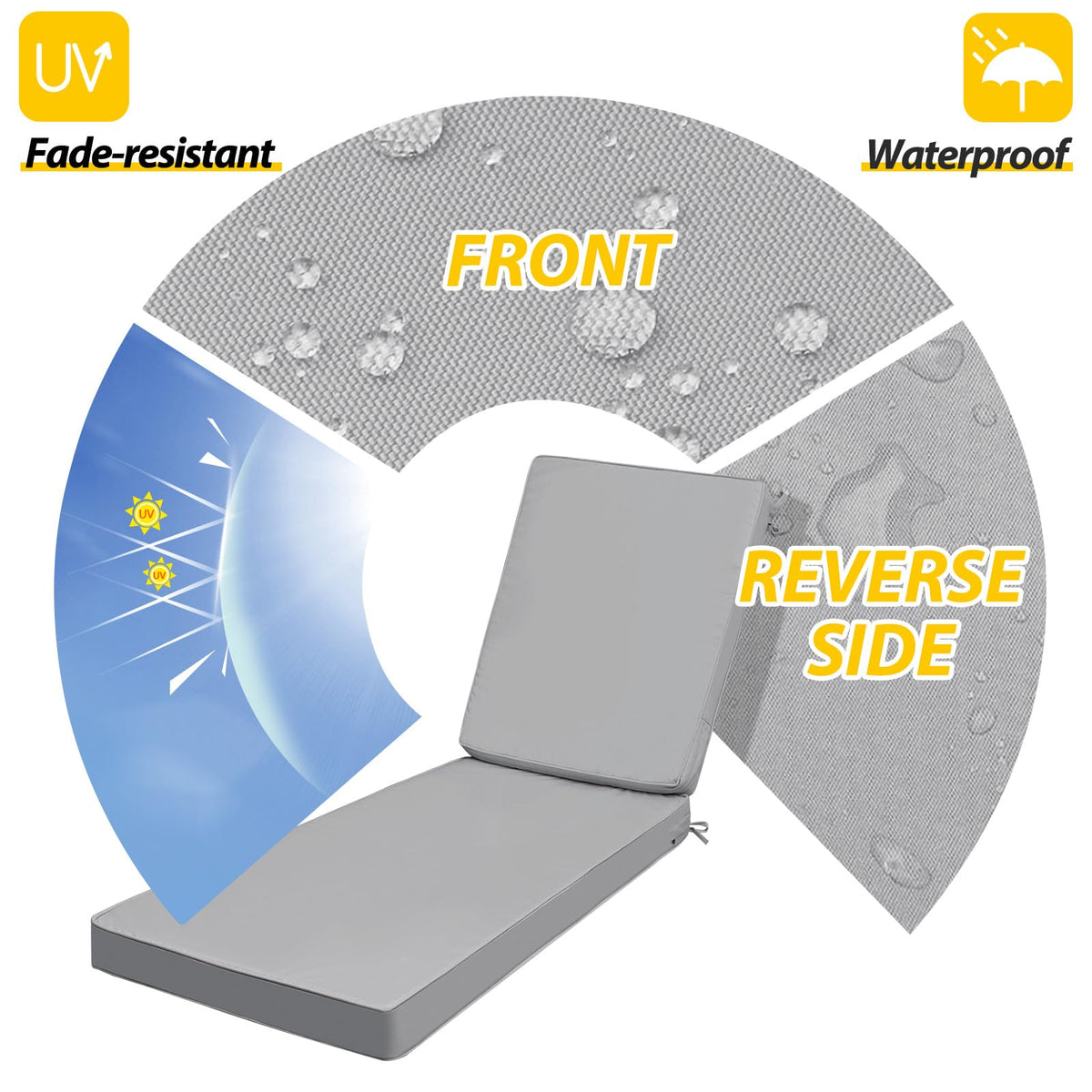 AAAAAcessories chaise cushion grey side view, water-repellent cover.