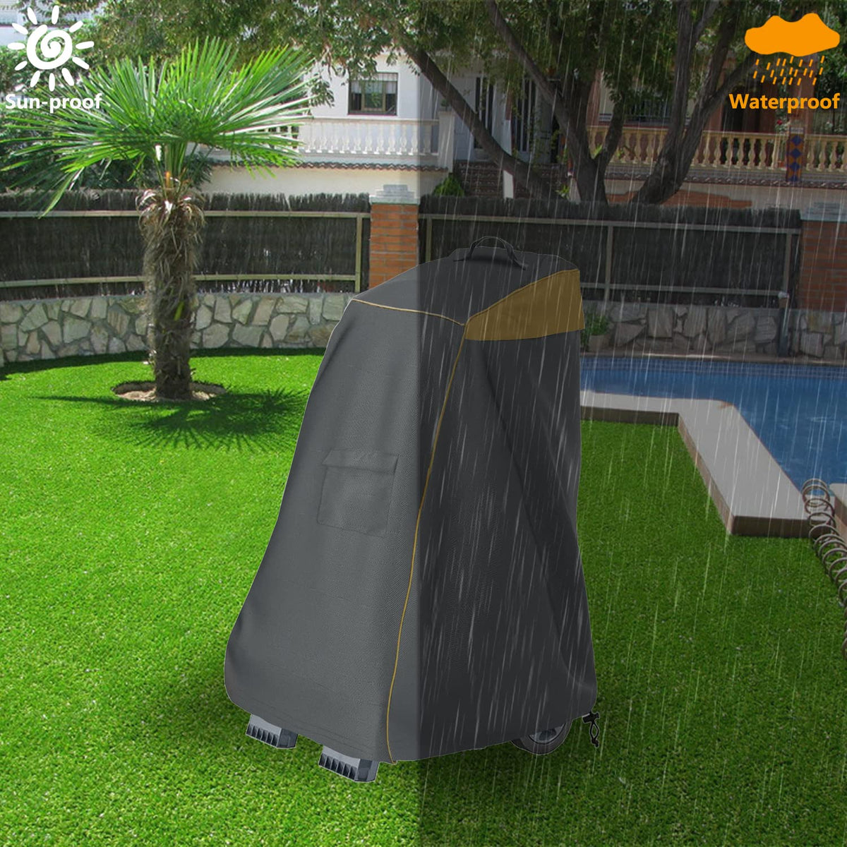 Aacabo Caddy Cover wind strap in use prevents cover from blowing away