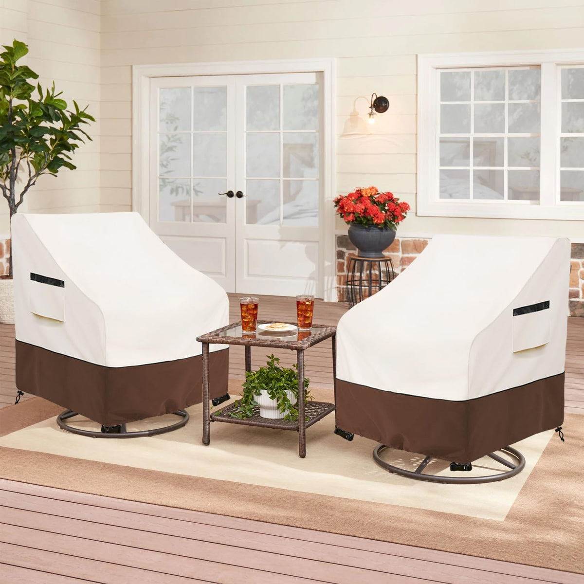 Aacabo beige-tone cover blends with patio decor on chair
