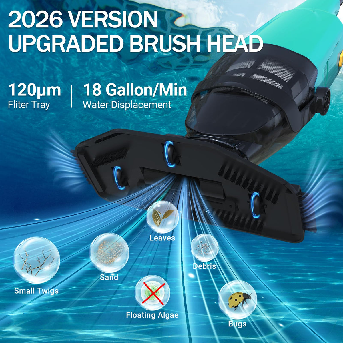 Aaculpet vacuum shows dual-head cleaning for large areas and fine debris.
