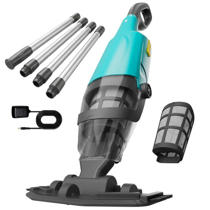 Aaculpet handheld pool vacuum demonstrates 18 GPM suction for leaves and sand.