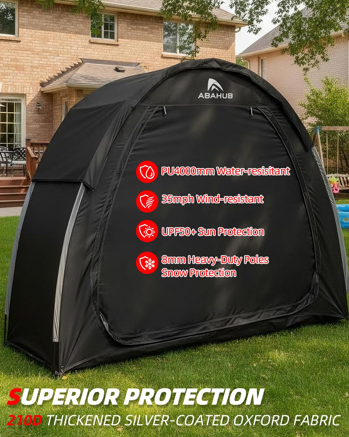 Abahub portable bike storage shed tent uses 210D Oxford fabric and PU4000 coating for durability